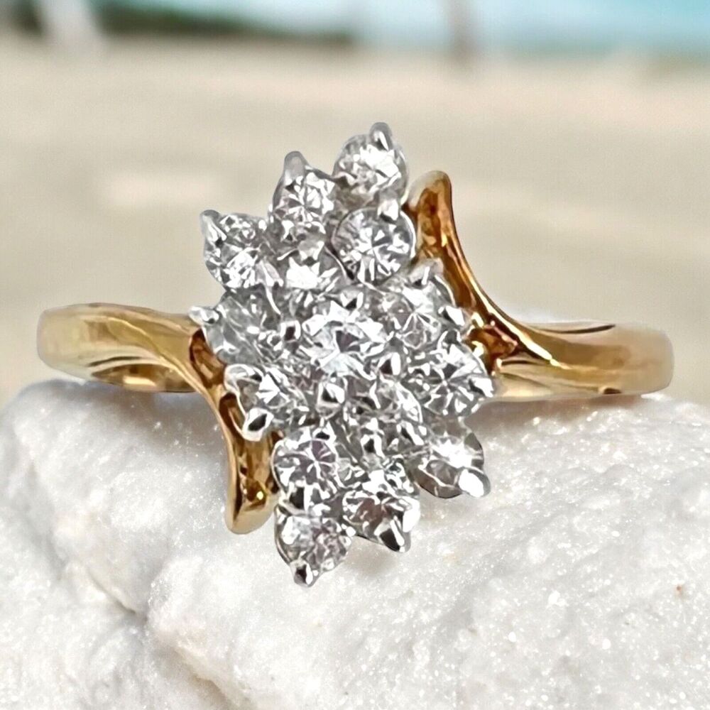 Vintage Ring Size 7 Cubic Zirconia Cluster Ring 14K Gold Plate Mid-Century 14Q